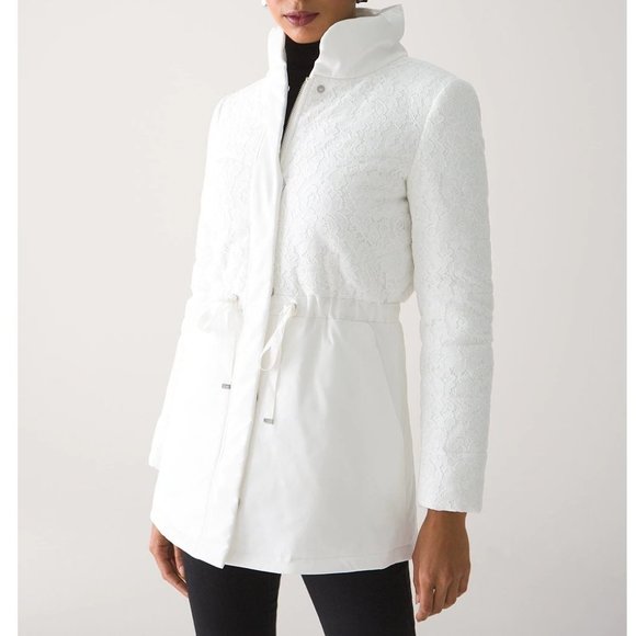 NWT WHBM White House Black Market Women's Chevron Puffer Coat, Ecru, XXS, $250
